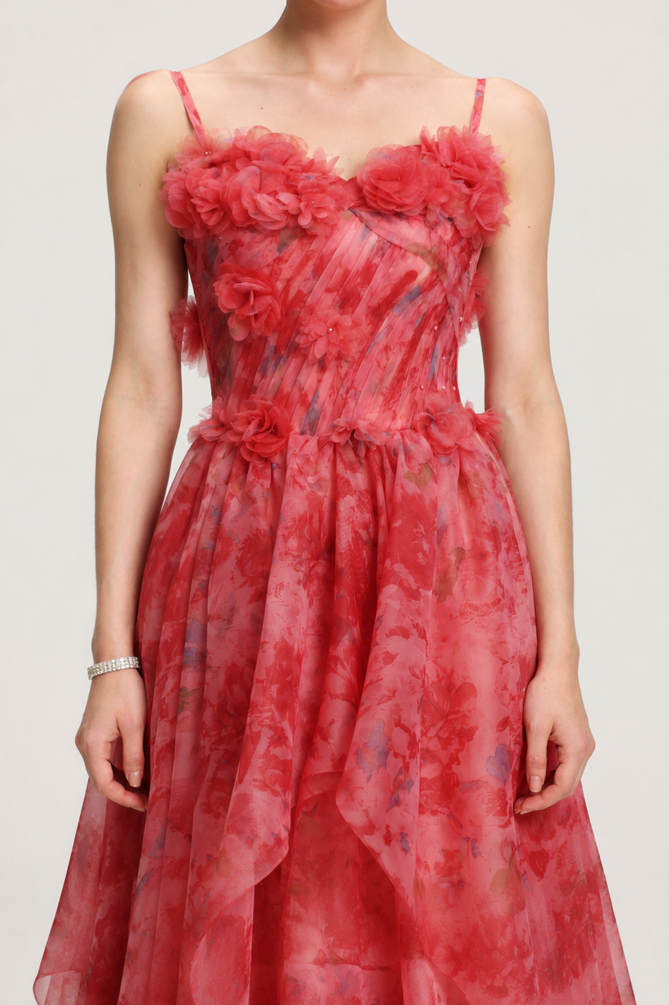 Lzada Elegant Waist-Cinching Strapless 3D Floral Watercolor Print Organza Multi-Layer Ruffle Fluffy A-Line Train Maxi Evening Dress