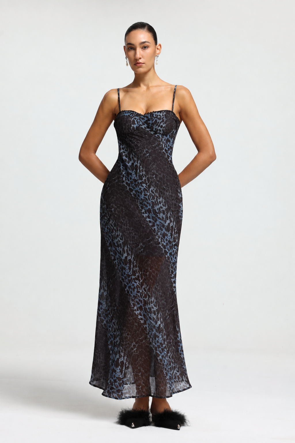 Gabriella Romantic Contour Spaghetti Strap Print Woven Maxi Dress