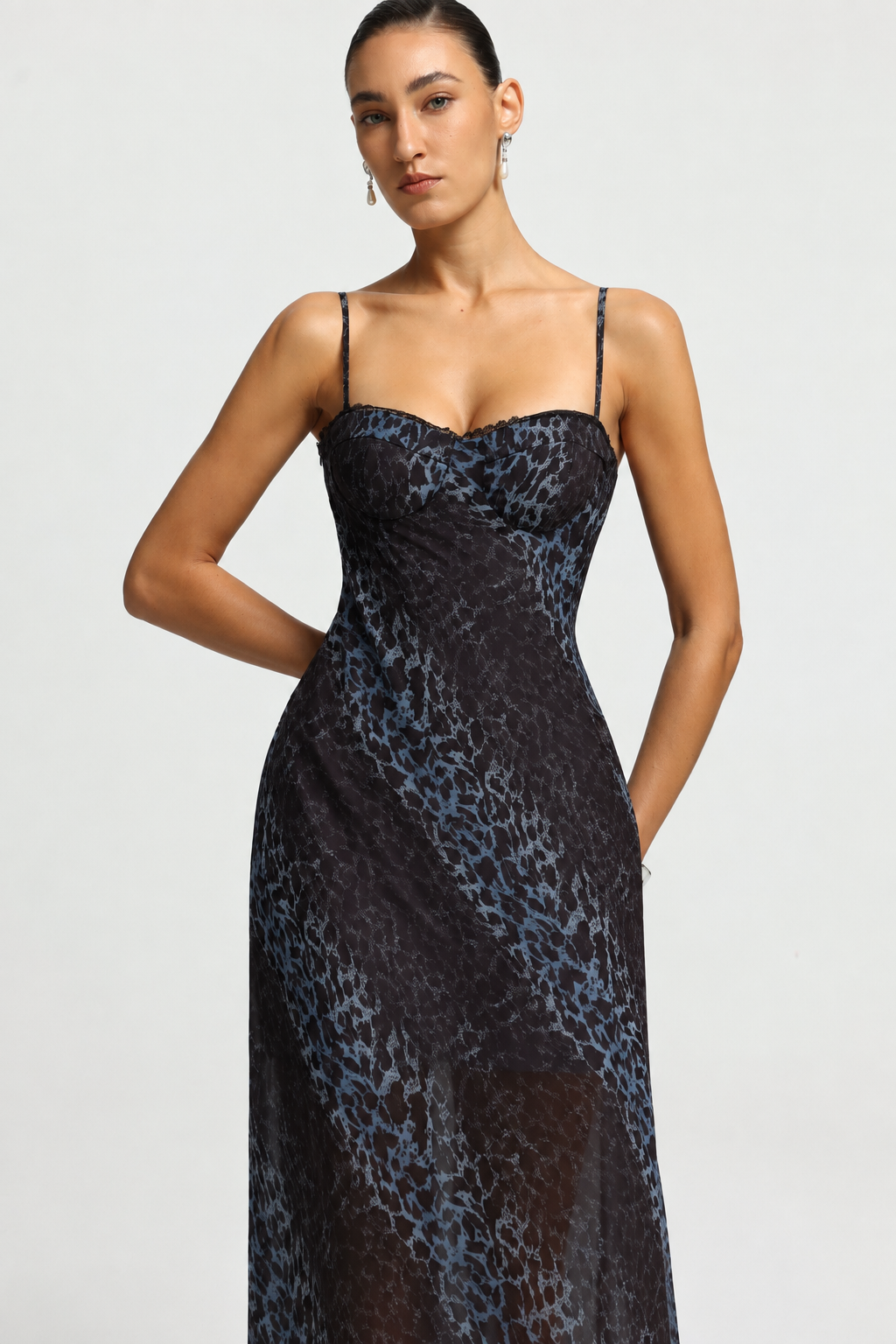 Gabriella Romantic Contour Spaghetti Strap Print Woven Maxi Dress