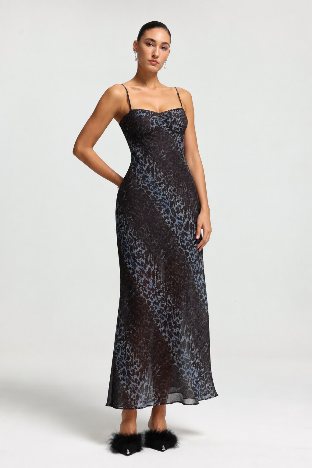 Gabriella Romantic Contour Spaghetti Strap Print Woven Maxi Dress