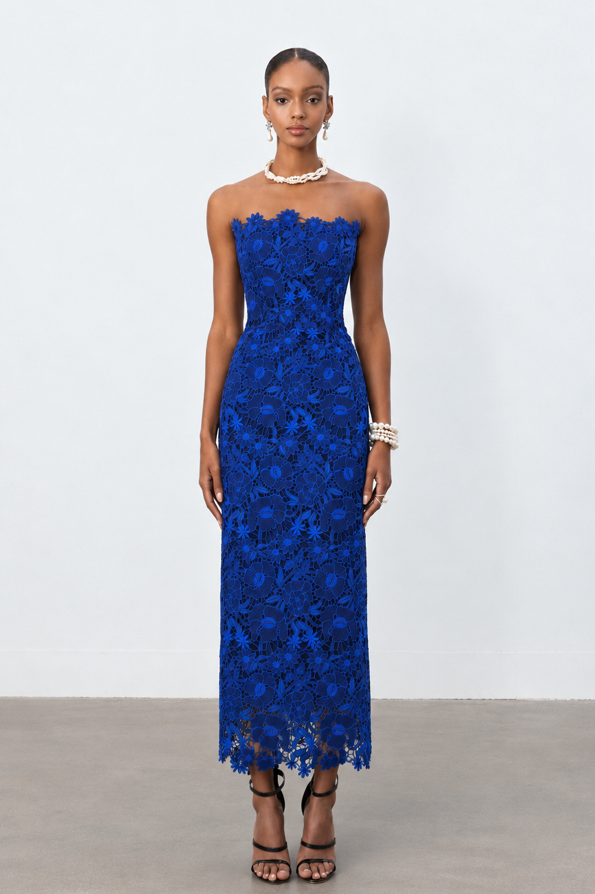 Royal Blue Floral Lace Strapless Column Midi Dress