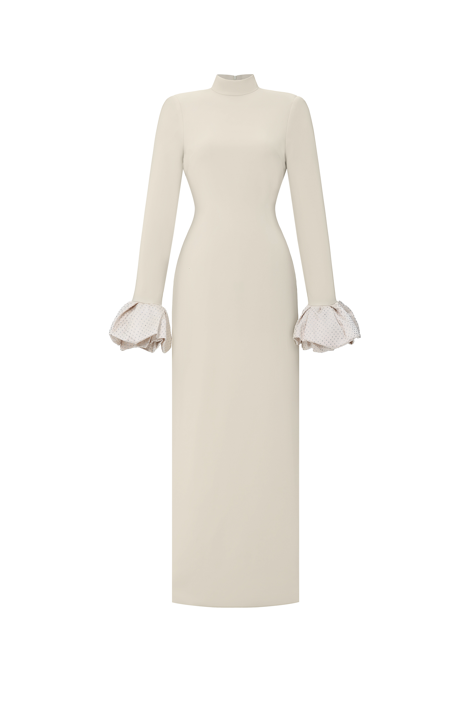 Ziriy Chic Tailored Long Sleeve Puff Detail Woven Beige Maxi Dress