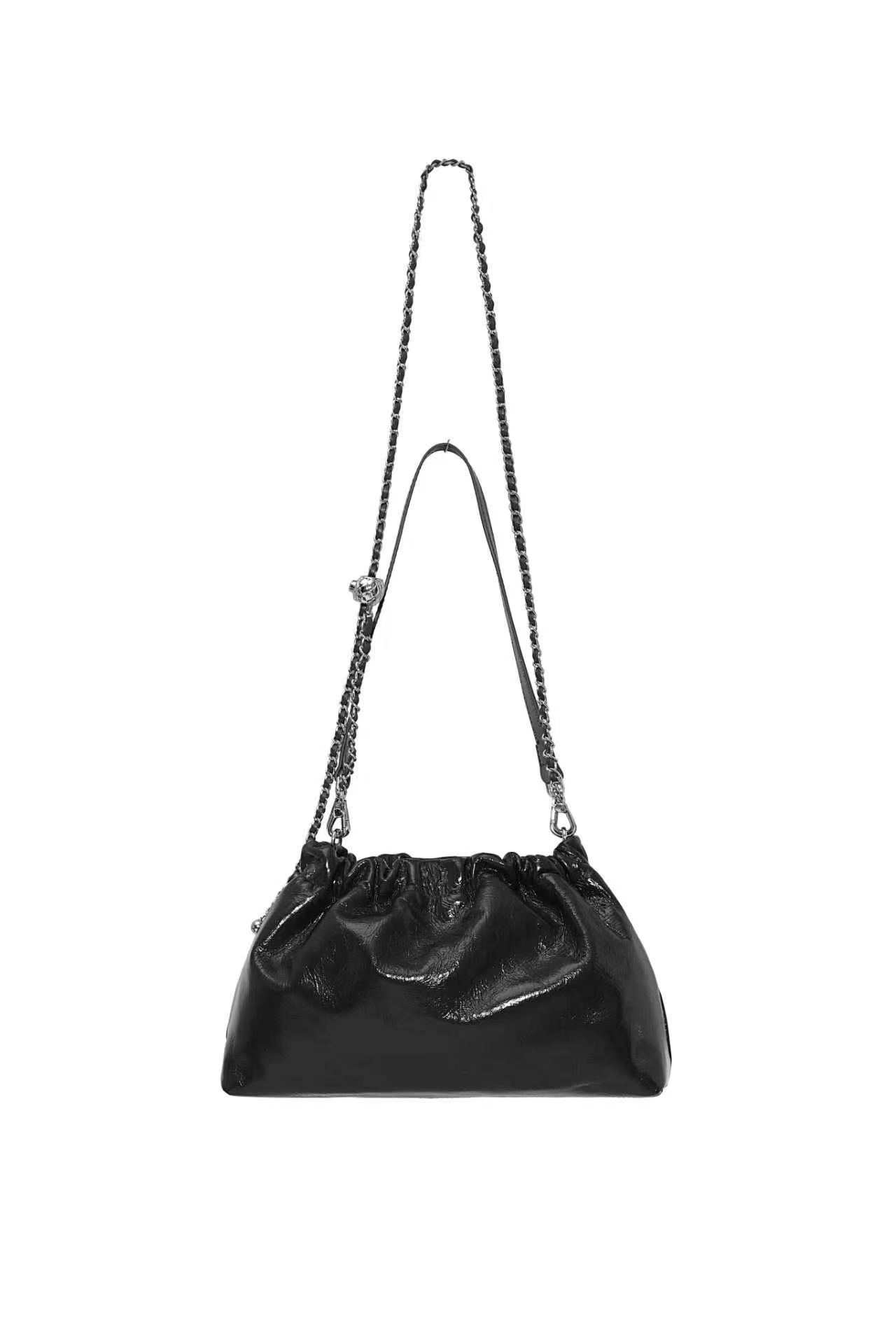 Black Crinkle Patent Chain Shoulder Bag