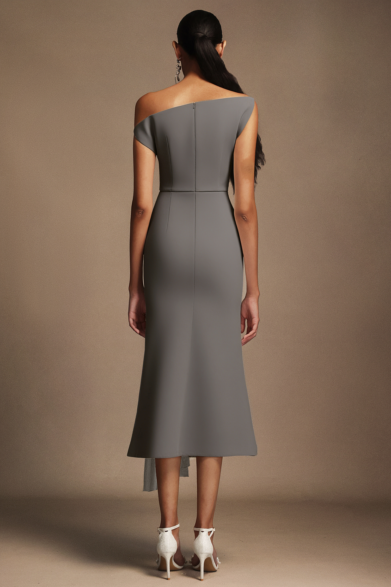 Paulina Oblique Shoulder Sleeveless Folds Gray Midi Dress