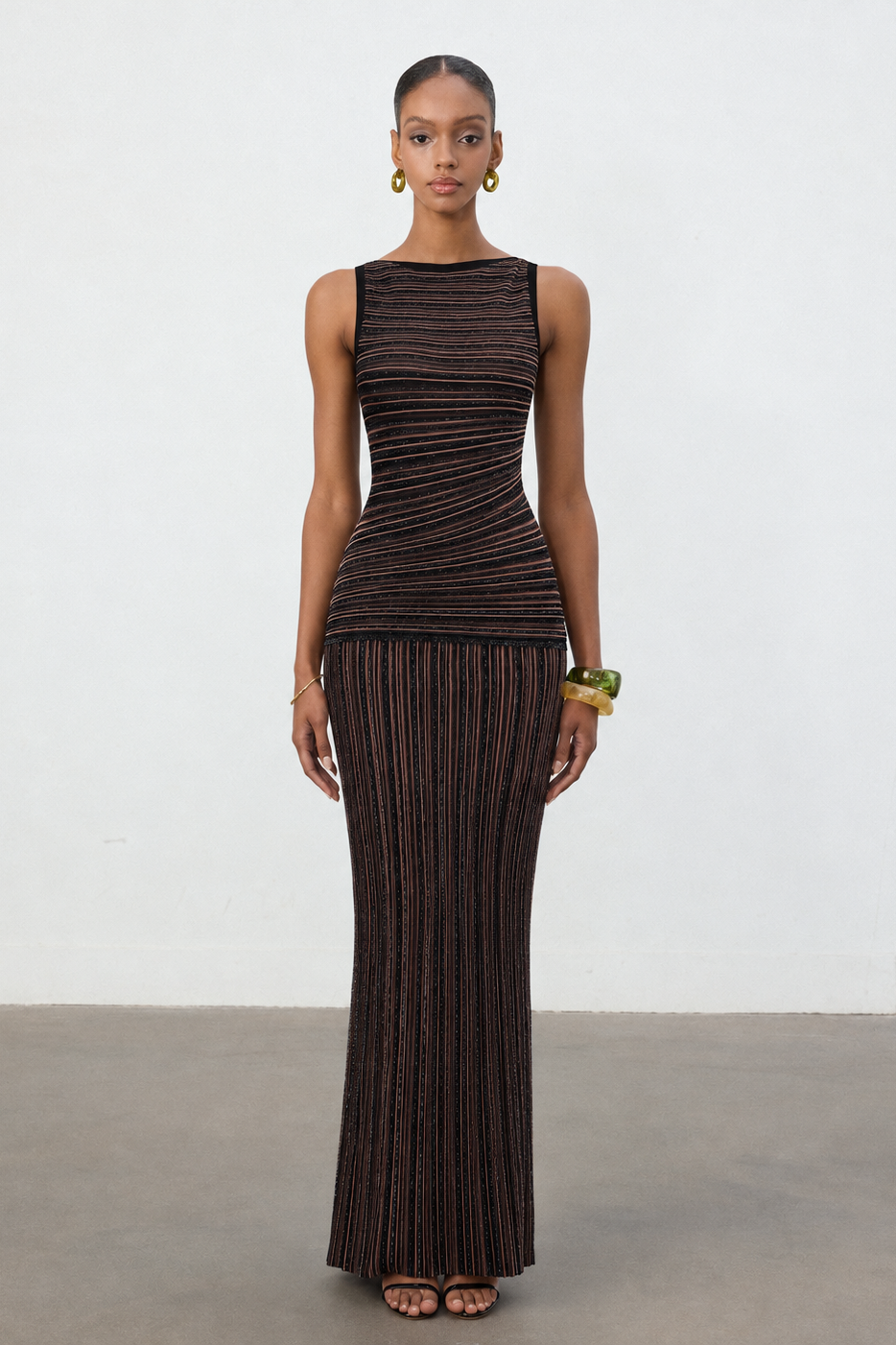 Katja Romantic Contour Round Neck Sleeveless Striped Knit Top and Skirt Two Piece Set