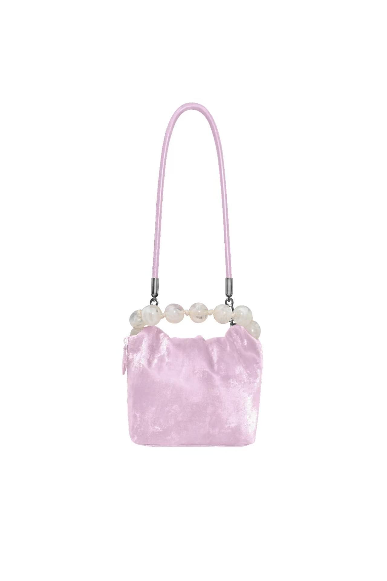 Peach Pink Velvet Beaded Top-Handle Bag