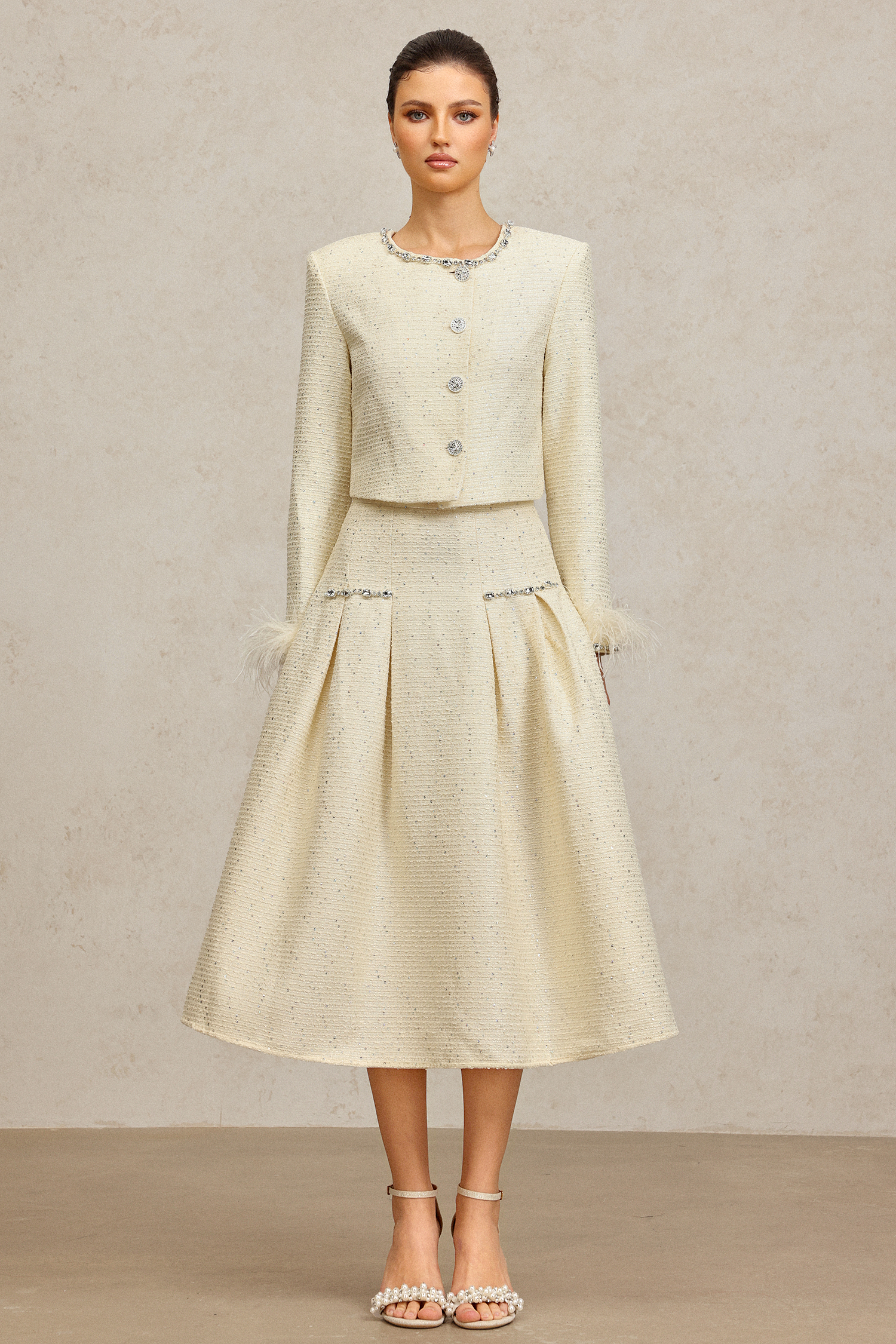 Werko Round Neck Long Sleeves Diamond Artificial Feather Top And Skirt Two-Piece Set