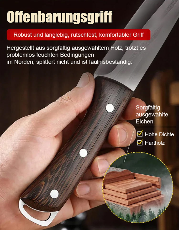 🔥 Dieses multifunktionale Outdoor-Messer wird in einer Meisterwerkstatt handgefertigt! Selbst nach 100.000 Schnitten bleibt es messerscharf – ohne zu verbiegen oder zu verformen. 💪🔪