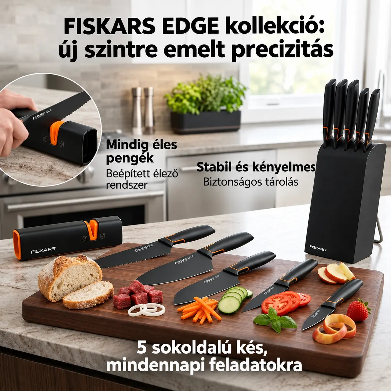 👩‍🍳👩‍🍳Limitált kiadás: FISKARS® 5 részes késkészlet (késtartóval) – FISKARS EDGE termékcsalád, éles konyhakések + késélező🔪🔪