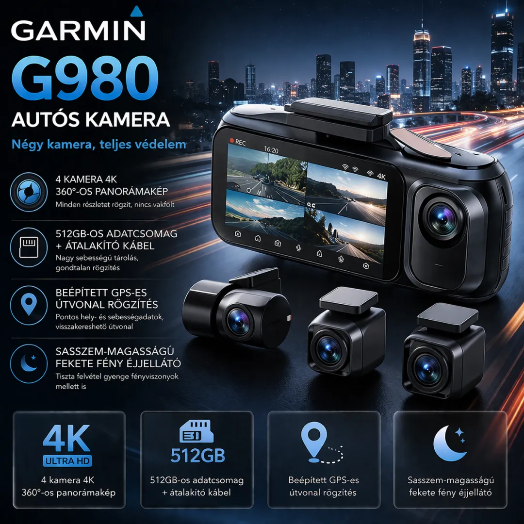 🚗🚗 G980 Autós Kamera – 4 Kamerás 360° Védelem, 4K Ultra HD Rögzítés, Minden járműtípushoz alkalmas🎥🎥