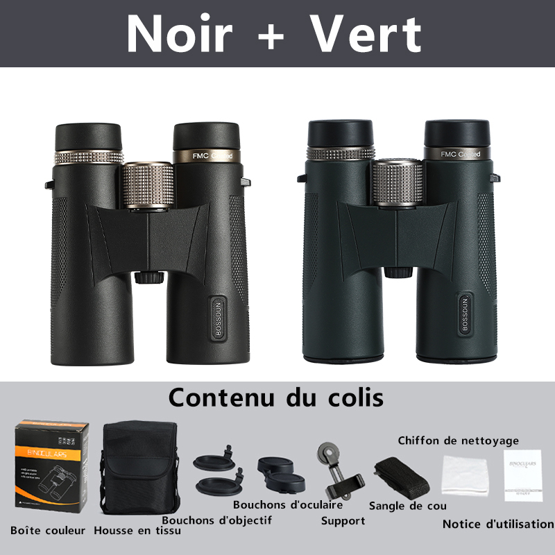 BOSSDUN Jumelles HD 12x42 à fort grossissement – Équipées de prismes BAK4 / Étanchéité et protection contre la poussière IP67 / Revêtement vert multicouche FMC / Vision nocturne en faible luminosité.