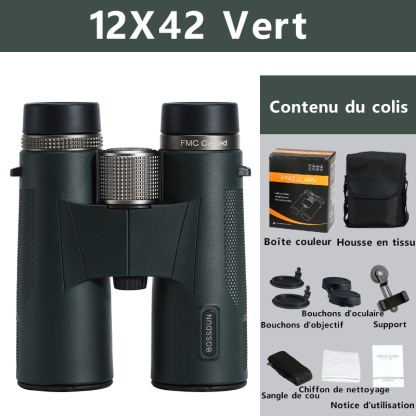 BOSSDUN Jumelles HD 12x42 à fort grossissement – Équipées de prismes BAK4 / Étanchéité et protection contre la poussière IP67 / Revêtement vert multicouche FMC / Vision nocturne en faible luminosité.