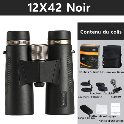 BOSSDUN Jumelles HD 12x42 à fort grossissement – Équipées de prismes BAK4 / Étanchéité et protection contre la poussière IP67 / Revêtement vert multicouche FMC / Vision nocturne en faible luminosité.