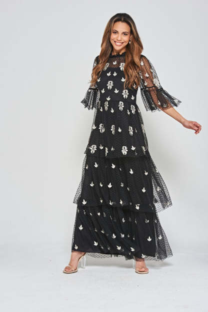 Black Leaf Embroidered Tiered Maxi Dress