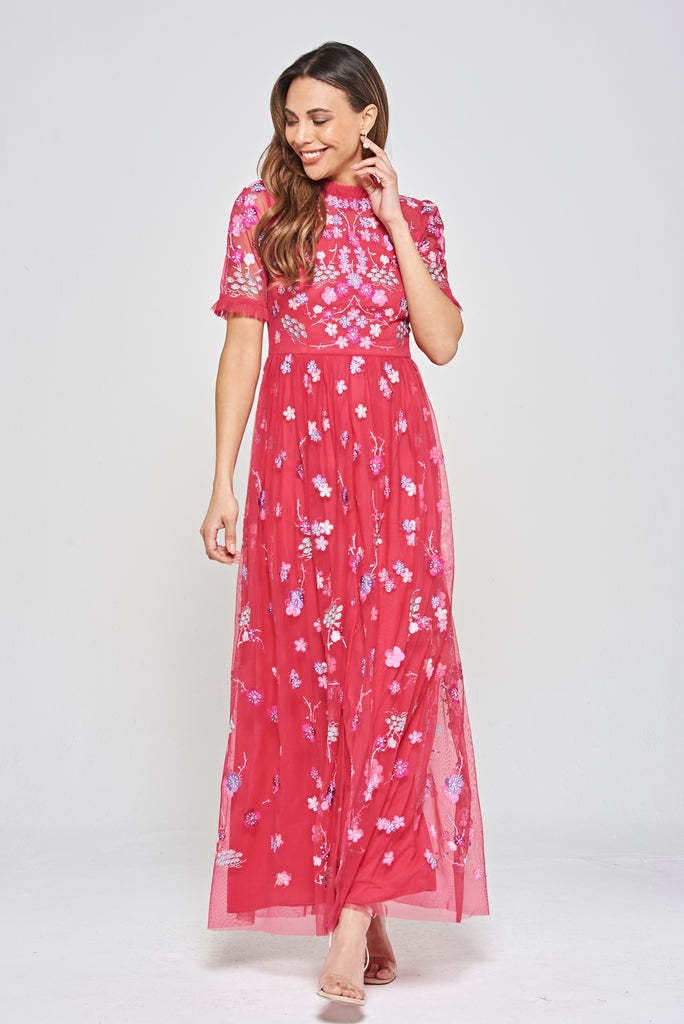 Crimson Floral Embroidered Maxi Dress