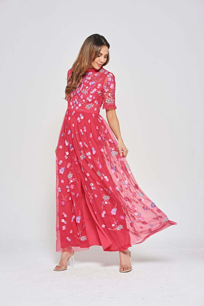 Crimson Floral Embroidered Maxi Dress