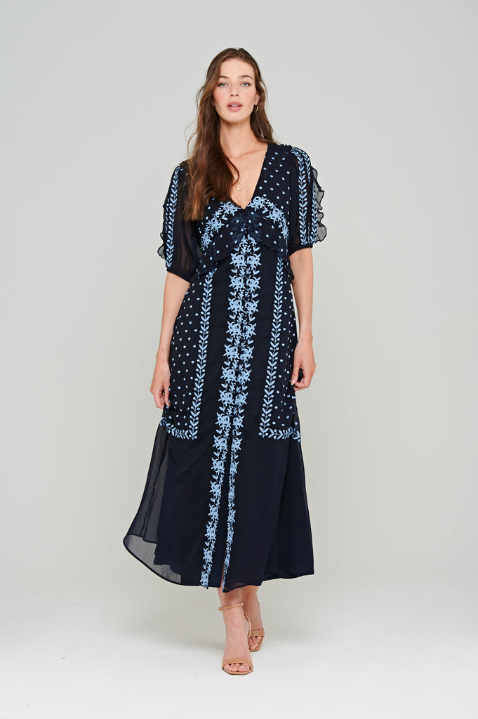 Navy Embroidered Button Through Maxi Dress