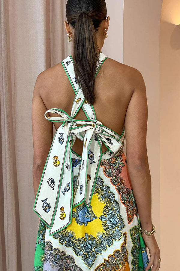 Midi šaty Ocean Legend s potiskem mořské panny a zavazováním z lněné směsi