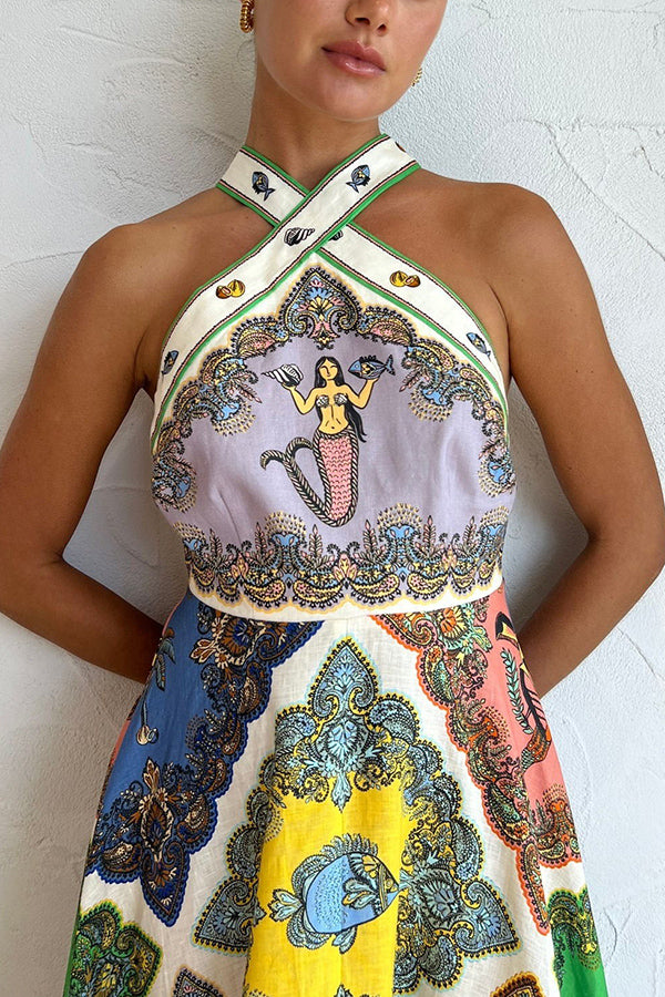 Midi šaty Ocean Legend s potiskem mořské panny a zavazováním z lněné směsi