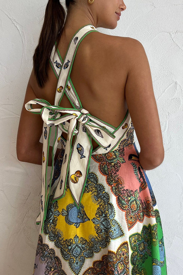 Midi šaty Ocean Legend s potiskem mořské panny a zavazováním z lněné směsi