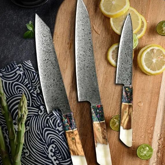 3dílná sada šéfkuchařských nožů z damaškové oceli VG10 – 67 vrstev dokonalé ostrosti