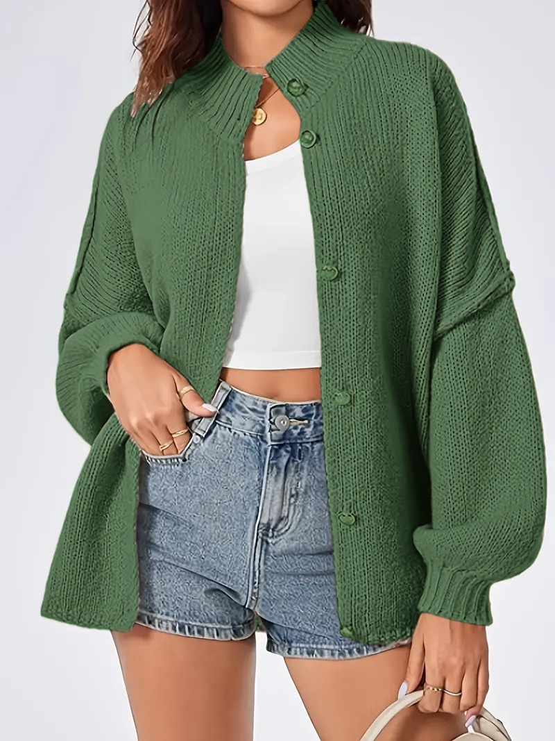 Women Thermal Stand Collared Open Front Cardigan Fall Oversized Button