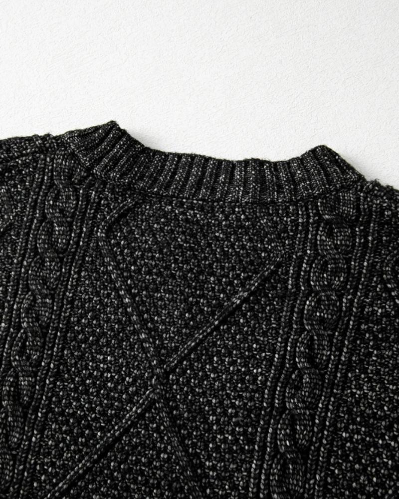 Round Neck Long Sleeve Drop Shoulder Pullover Sweater Casual Loose Fit Cable Knit Mid-length Sweater