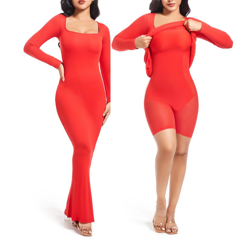 Built-in Shaper Dress with Square Neck, Long Sleeve, Tummy C