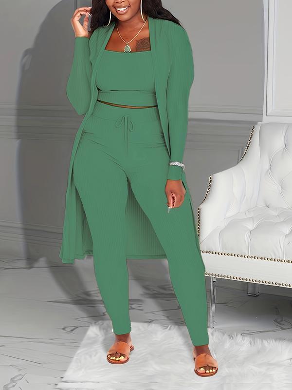 Women's Plain Long Sleeve Open Front Cardigan & Tie Front Leggings & Sleeveless Cropped Top Set