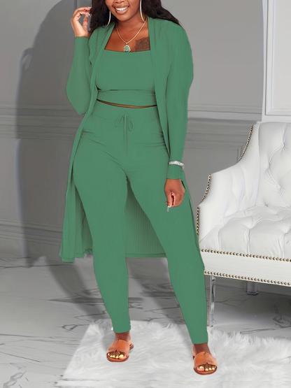 Women's Plain Long Sleeve Open Front Cardigan & Tie Front Leggings & Sleeveless Cropped Top Set