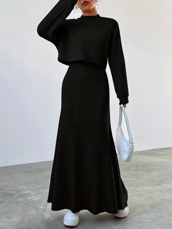 Women's Solid Color Long Sleeve Top & Long Skirt Set