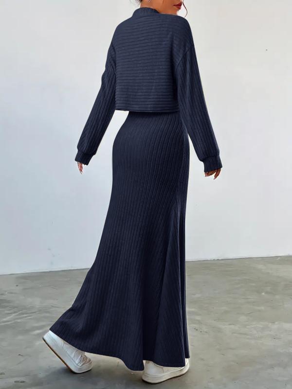 Women's Solid Color Long Sleeve Top & Long Skirt Set