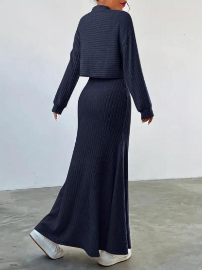 Women's Solid Color Long Sleeve Top & Long Skirt Set