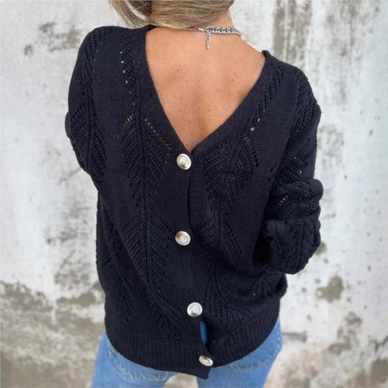 Open-Knit Reversible Sweater with Double V-Neck and Button Detail 