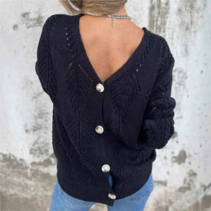 Open-Knit Reversible Sweater with Double V-Neck and Button Detail 