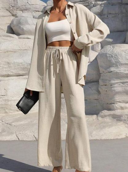 Two-Piece Set Women's Solid Button Front Shirt & Drawstring Waist Wide Leg Pants, Casual Drop Shoulder Long Sleeve Top & High Waist Trousers For Spring & Fall, Ladies Clothes For Daily Wear