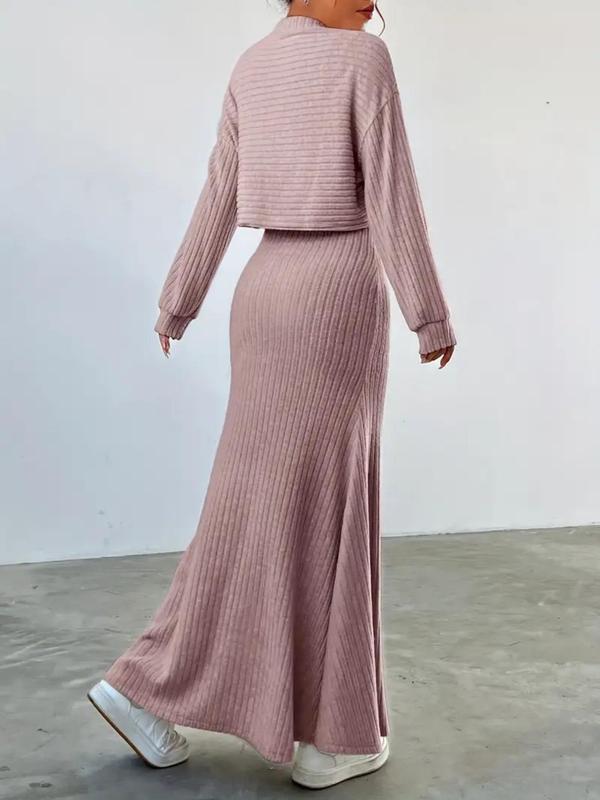 Women's Solid Color Long Sleeve Top & Long Skirt Set