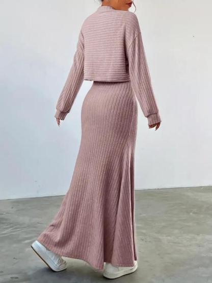 Women's Solid Color Long Sleeve Top & Long Skirt Set