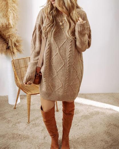 Round Neck Long Sleeve Drop Shoulder Pullover Sweater Casual Loose Fit Cable Knit Mid-length Sweater