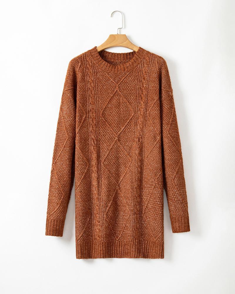 Round Neck Long Sleeve Drop Shoulder Pullover Sweater Casual Loose Fit Cable Knit Mid-length Sweater