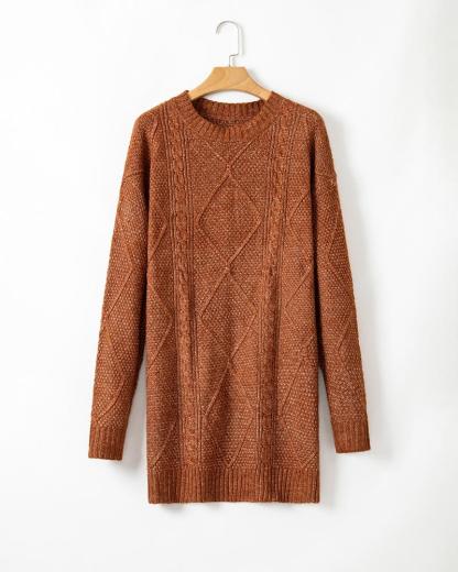Round Neck Long Sleeve Drop Shoulder Pullover Sweater Casual Loose Fit Cable Knit Mid-length Sweater