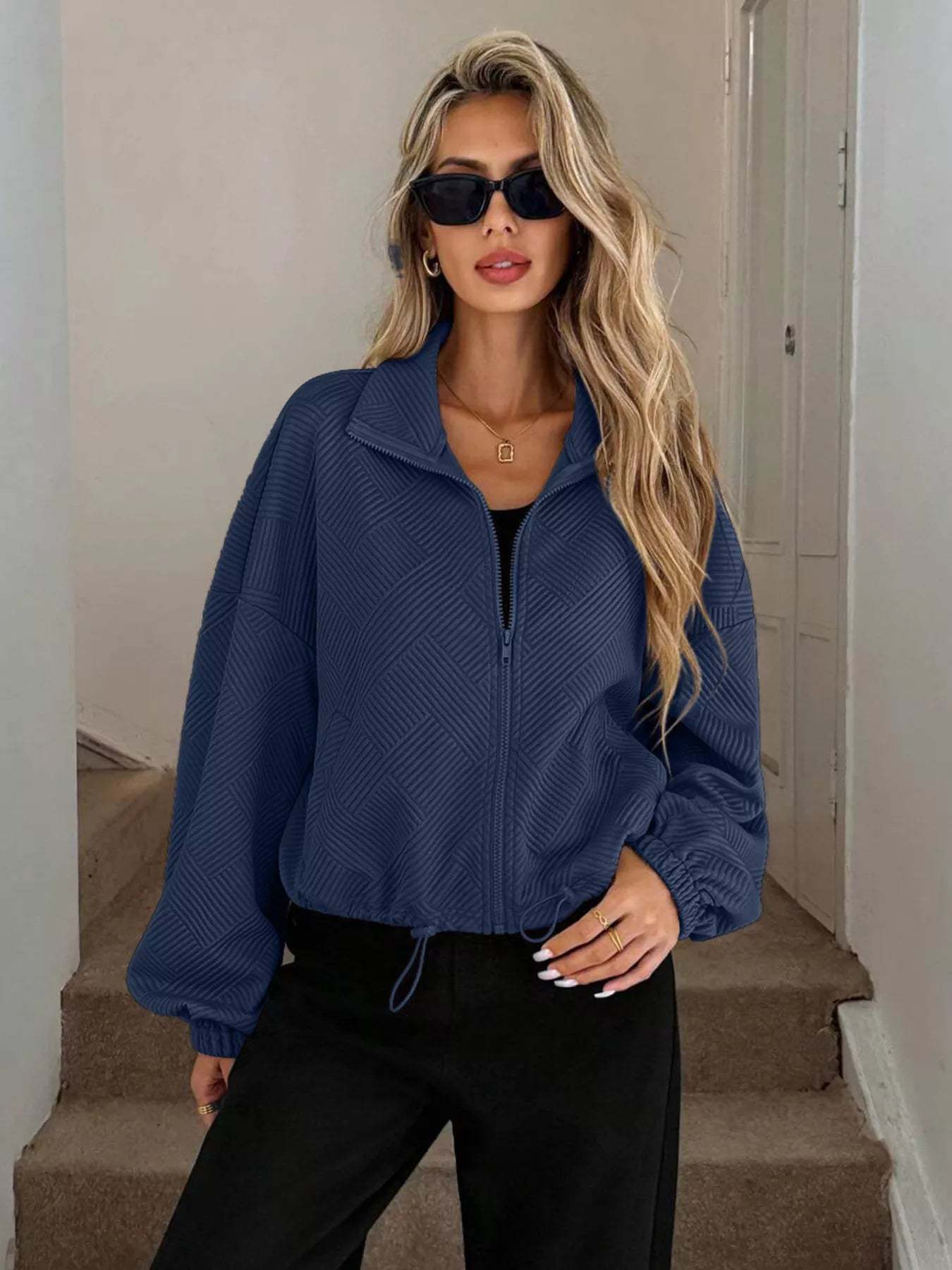 Drawstring Hem Textured Long Sleeve Jacket