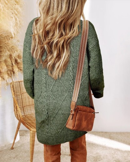 Round Neck Long Sleeve Drop Shoulder Pullover Sweater Casual Loose Fit Cable Knit Mid-length Sweater