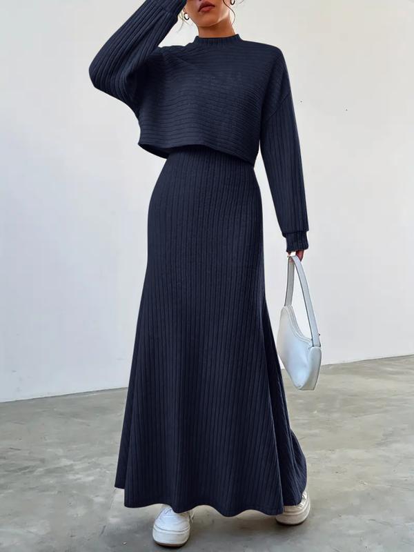 Women's Solid Color Long Sleeve Top & Long Skirt Set