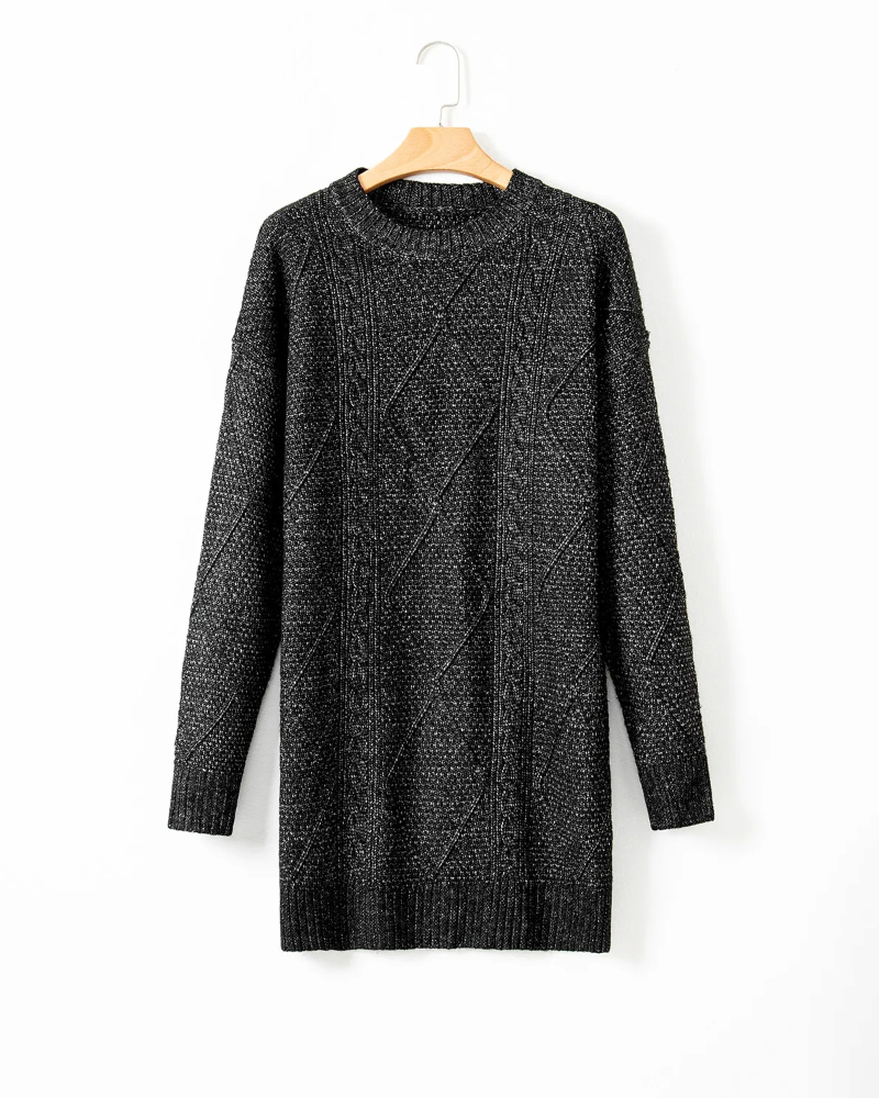 Round Neck Long Sleeve Drop Shoulder Pullover Sweater Casual Loose Fit Cable Knit Mid-length Sweater
