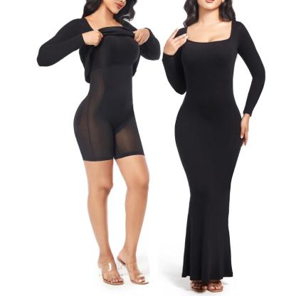 Built-in Shaper Dress with Square Neck, Long Sleeve, Tummy Control, and Bodycon Shapewear for Women