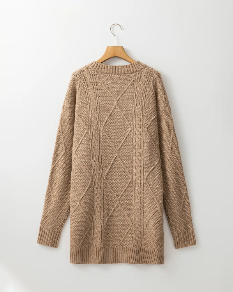 Round Neck Long Sleeve Drop Shoulder Pullover Sweater Casual Loose Fit Cable Knit Mid-length Sweater
