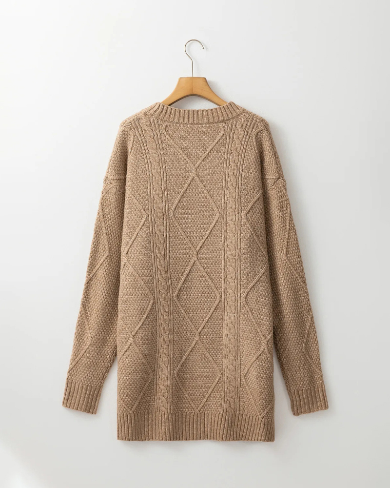 Round Neck Long Sleeve Drop Shoulder Pullover Sweater Casual Loose Fit Cable Knit Mid-length Sweater