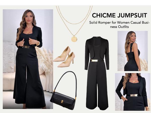 2025 FW ChicMe Women's 2 Pieces Outfit Metal Decor Square Neck Sleeveless Zipper Back Cinched Waist Wide Leg Jumpsuit and Casual Crop Cardigan Set