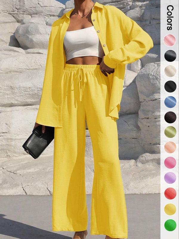 Two-Piece Set Women's Solid Button Front Shirt & Drawstring Waist Wide Leg Pants, Casual Drop Shoulder Long Sleeve Top & High Waist Trousers For Spring & Fall, Ladies Clothes For Daily Wear